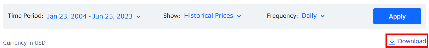 Yahoo Finance 歷史資料的下載界面